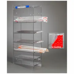 Wall-mounted pipette holder made of clear PETG. Accommodates up to six serological pipettes. Overall height 24 5/8 in, overall length 11 in. Suitable for organizing pipettes in laboratory settings.