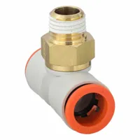 This SMC tee fitting is constructed from polybutylene and brass, designed for use in pneumatic or fluid systems. It accommodates 1/2 in OD tubes and features a 1/2 in pipe size with a 43 mm overall length. The push-fit design enables quick, secure connections for branch lines in tubing networks