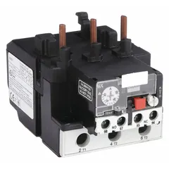 Three-pole IEC thermal overload relay with integrated bimetallic elements, eliminating the need for separate thermal units. Rated for 37 A to 50 A, it features 1NO/1NC auxiliary contacts and phase loss sensitivity. Compatible with Dayton contactors in the 40 to 95 Amp models. Used for protecting three-phase motors in industrial control panels, conveyors, pumps, and HVAC equipment.