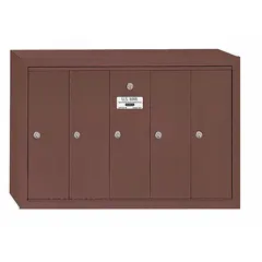 Vertical multi-unit mailbox with 5 lockable front-access doors. Surface-mount design for wall installation. Overall dimensions: 19 in H x 29 3/4 in W x 7 1/2 in D. Suitable for centralized mail distribution in multi-tenant buildings.