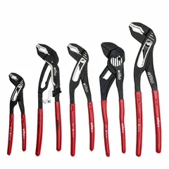 Push-button adjustable plier set with 9 jaw positions. Includes 7 in, 10 in, 12 in, and 10 1/4 in overall lengths. Used for gripping and turning fasteners, pipes, and fittings in maintenance and repair tasks.