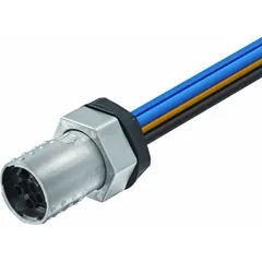 This MQ15 receptacle is a female front-mounting cordset with X-coding and 4 pins, designed for power applications. It features a 0.5 m wire lead with 14 AWG wire size, PVC cable jacket, and IP67 protection for use in demanding environments.
