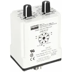 Socket-mounted time delay relay with 8 pins, operating at 12V DC and rated for 10 A. Provides single-function timing for industrial control circuits, automation, HVAC, and process control applications.