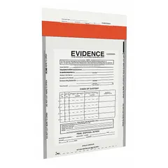 Clear polyethylene chain of custody bag with adhesive closure for secure evidence handling. Measures 16 3/4 inches in length. Not puncture resistant. Supplied in packs of 500.