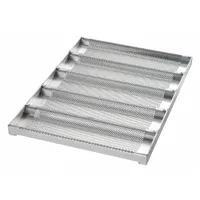 This half-size sub sandwich roll pan is made of aluminized steel with a 16 ga gauge and a silver finish. It features 5 slots and an overall width of 17 3/4 inches. Suitable for baking sub sandwich rolls in commercial kitchens and foodservice operations