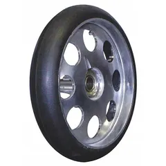 This 8-inch rubber wheel is a replacement part for B & P Manufacturing equipment, compatible with model number A12-B10-CA1-D12-NA. It is used on industrial carts, dollies, and similar load-moving applications.
