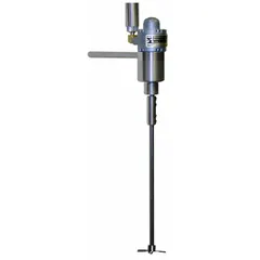 This air-powered propeller mixer features a clamp/stand mount for secure attachment to a support stand. It has a 1/4 in male NPT inlet for compressed air supply and includes 4 blades. Suitable for agitating, blending, or suspending liquids in laboratory vessels.