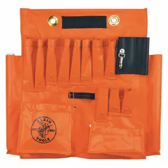 Orange vinyl apron designed for aerial bucket use. Measures 24 inches wide by 23 inches high by 23 inches long. Provides organized tool storage for linemen and technicians working at height.