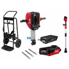 This M18™ cordless combo kit includes a breaker hammer for demolition tasks and a transfer pump for fluid handling. Both tools operate on 18 V DC to 72 V DC power, enabling use in concrete breaking and dewatering applications without a generator.