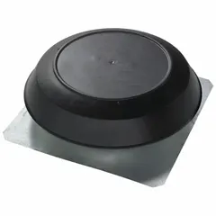 This roof-mount attic exhaust fan features a shaded-pole motor delivering up to 1,600 cfm. It includes a thermostat for temperature control, a black plastic dome, and a guard. Designed for high-static-pressure applications, it ventilates attics up to 2,285 sq ft.
