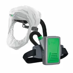 The RPB SAFETY T200 is a loose-fitting, belt-mounted powered air-purifying respirator (PAPR) system. It includes a T200 respirator with face seal hood, air duct/bump cap assembly, and PX5 PAPR assembly. Designed for abrasive blasting and other industrial tasks requiring respiratory protection against airborne particulates.