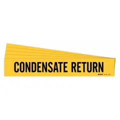 Yellow pipe markers with black legend text reading 'Condensate Return', designed to identify condensate return lines in industrial piping systems. Each marker fits pipe outer diameters from 2-1/2 to 7-7/8 inches and is supplied without arrows in a 5-pack. Adhesive-backed for application on clean pipe surfaces.