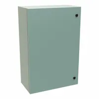 This steel washdown enclosure measures 30 x 20 x 10 inches and features a solid hinged cover secured with a 1/4-turn latch. Rated NEMA 12/3R/4, it provides protection against dust, dripping water, rain, sleet, and hose-directed water. Suitable for housing electrical controls and components in industrial environments. Knockouts are not included