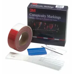 This conspicuity kit is designed for marking vehicles, trailers, and equipment to enhance visibility. It features red/white reflective sheeting with acrylic adhesive for durable outdoor application. The tape measures 2 inches wide by 25 yards long.