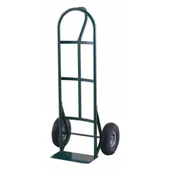 General purpose hand truck with a single-loop handle and a steel frame finished in green. Equipped with tread-on-core wheels for traction on various surfaces. Used for moving boxes, equipment, and materials in warehouses, factories, and distribution centers.
