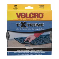 Gray hook-and-loop roll, 1 inch wide by 10 feet long. Used for bundling, mounting, and securing cables, hoses, or components in manufacturing, maintenance, and assembly operations.