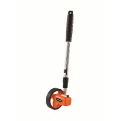 The KESON RR112 is a mechanical measuring wheel designed for indoor use, with a range of 9,999 ft in SAE units. It features a spoked single wheel with rubber tread and a twist-and-lock adjustable aluminum handle. The wheel is constructed with plastic components and operates without batteries. This tool is suited for measuring floor plans, room layouts, and other interior spaces.