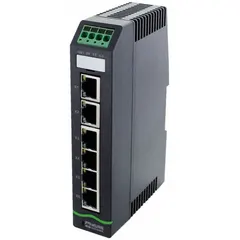 Unmanaged Ethernet switch with 6 RJ45 ports supporting 100 Mbps Ethernet and Auto-Crossover. DIN rail mountable with IP20 rating and maximum input voltage of 31.5V DC. Used to connect multiple devices in industrial control networks.