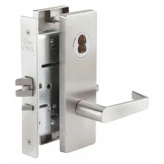 This privacy lever lockset features a satin stainless steel finish and is ADA compliant. Designed with an MR176 Philadelphia style and ANSI F22 function, it is suitable for interior doors requiring privacy locking, such as in offices or restrooms. No visual indicator message is included, and it is not ligature-resistant.