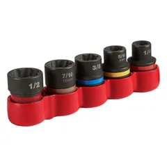 This 5-piece bolt extraction impact socket set is designed for removing damaged, stripped, or rounded-off fasteners. The set includes a 1/2 in extractor size and is built for use with impact tools, featuring a reverse-thread design to grip and extract bolts without slipping.