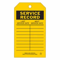 This polyester safety tag measures 4 inches wide by 7 inches tall and features a black/yellow design with English text. It is used for hazard communication and lockout/tagout applications in industrial environments such as factories, refineries, and power plants. The polyester construction resists moisture and chemicals for indoor/outdoor use