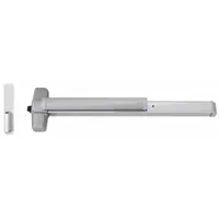 Rim-type exit device with touchbar for doors up to 3 ft wide. Aluminum construction with dummy pull outside trim. ADA compliant. Suitable for commercial egress applications requiring panic hardware