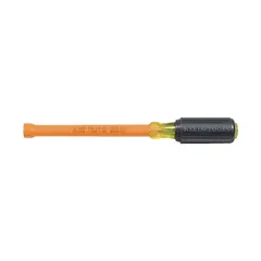 Straight insulated nut driver with a hollow round shank for accommodating long bolts. Designed for SAE fasteners, with a 6-inch shank length to reach into confined spaces. Insulation provides protection against electric shock when working on live circuits.