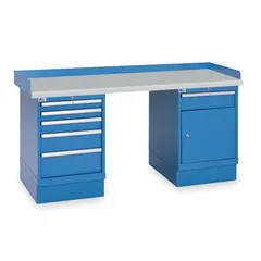 This LISTA dual pedestal workbench features a laminate top measuring 72 inches by 30 inches in blue, with an overall load capacity of 1,000 pounds. The fixed-height design provides a stable work surface for assembly, inspection, and light industrial tasks. The laminate top resists stains and impacts, suitable for workshops, labs, and manufacturing floors.