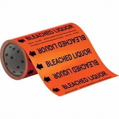 Orange pipe markers with black legend text for identifying pipes carrying bleached liquor. Each roll contains 30 markers with directional arrows, designed for pipes with an outside diameter of 2 inches and smaller. Suitable for industrial process line labeling.