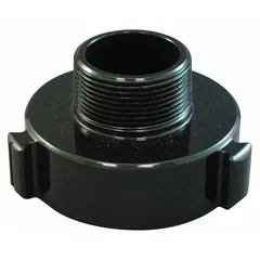 This rigid aluminum adapter connects a 2-1/2 in NH fire hose to a 3/4 in GHT garden hose thread. It is used to adapt fire hydrant or standpipe outlets for non-firefighting tasks such as filling tanks or washing equipment.