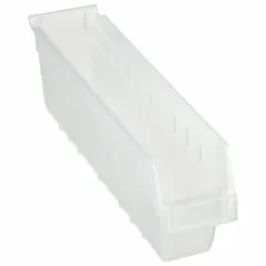 This clear plastic shelf bin has interior dimensions of 4 1/8 inches by 6 inches and an overall length of 17 7/8 inches. It is nesting capable for space-saving storage when not in use and is not hangable. The transparent design allows quick visual identification of contents, making it suitable for organizing small parts, components, and hardware on shelving in warehouses, workshops, and manufacturing facilities. Dividers are not included.
