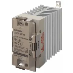 OMRON G3PE-235B DC12-24 is a phototriac AC output solid state relay with Form A switch configuration. It mounts on DIN rail or surface with screw clamp terminals, finger-safe design. Input current 17.4 to 35 A DC, output voltage 120 to 240V AC, max output current 35 A without heat sink. Used for switching AC loads in industrial control panels and automation systems.