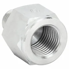 Steel hydraulic hose adapter with 1/8 in female BSPP x 1/8 in male NPT threads. Rigid straight configuration for connecting components with different thread standards in fluid power systems.