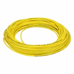 Metric polyurethane tubing with 2.5 mm inner diameter and 4 mm outer diameter, 100 ft length, yellow color. Hardness Shore A 90 to 95, maximum operating pressure 190 psi at 180°F. Suitable for pneumatic and fluid transfer applications in industrial automation and robotics.