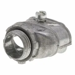 Die cast zinc straight duplex box connector with 3/8 in trade size, non-insulated. Designed for securing and terminating AC/MC/FMC cable into junction boxes. Suitable for industrial electrical installations requiring a 3/8 in connector.