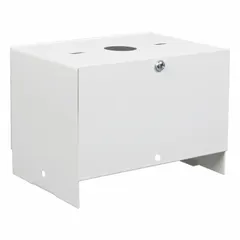 Steel pendant mount bracket with powder-coated white finish. Designed for Linear High Bay 5A wattages. Includes side panels for integrated junction box. Bracket hole sized for 3/4" conduit. Used to suspend linear high bay fixtures from ceilings in industrial and commercial settings.
