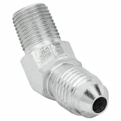 Steel hydraulic hose adapter with male JIC and male BSPT threads, configured as a rigid 45° elbow. Used to connect JIC and BSPT threaded components in hydraulic systems, enabling routing in confined spaces.