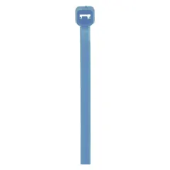 Blue nylon cable tie for indoor bundling and organizing wires, cables, and small components. Nominal length 6 in, maximum bundle diameter 1 3/8 in, width 0.14 in. Pack of 100.