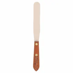 Nonsparking spreading tool with a copper nickel blade in a semi-circle/straight shape and a wood handle. Designed for use in hazardous environments where spark-free operation is required to safely spread or apply materials.