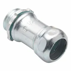 This compression conduit coupling is used to join EMT conduit to boxes or enclosures in electrical raceway systems. Made of steel with a zinc-plated finish, it is UL Listed for safety compliance. Trade size 3/4 in, non-insulated.