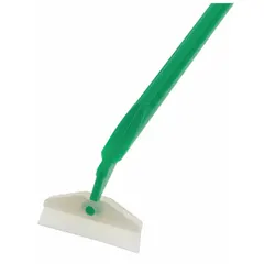 This cell scraper is made of green ABS material and measures 15 7/20 inches in overall height. It is used for scraping and harvesting adherent cells from culture vessels in laboratory cell culture work.