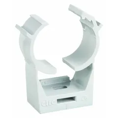 Clip clamp for securing 5/8 in copper tube and 3/8 in pipe. Constructed from polycarbonate/polyester material. Used in plumbing, HVAC, and refrigeration systems for tube and pipe support.