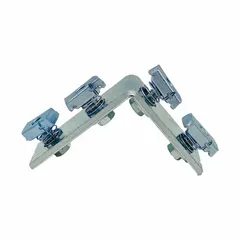 Steel corner angle plate with four 9/16 in diameter holes and a pre-installed channel nut assembly. Silver finish. Used for structural framing connections in industrial support systems.