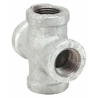 Medium-pressure threaded pipe cross with four 3/8 in female NPT outlets, made of malleable iron. Rated for 300 psi at 150°F. Used to join four pipes at a common intersection in plumbing and industrial piping systems