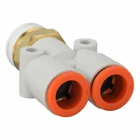 This SMC tube fitting is a wye configuration for splitting or combining pneumatic tubing lines. It has a 3/8 in pipe size and 50 mm overall length, constructed from polybutylene and brass. Suitable for use in compressed air circuits and other pneumatic systems requiring push-fit connections