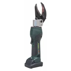 Inline scissor-type cable cutter rated for cutting up to 300 MCM copper cable. Powered by a 10.8V battery system with included 3 Ah batteries and charger. Suitable for cutting electrical cable in wiring installations.