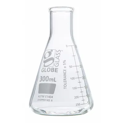 GLOBE SCIENTIFIC Erlenmeyer Flask: 300 mL, Colorless, Conical, A - Glass Erlenmeyer Flasks