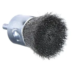 Crimped steel brush for light cleaning, surface preparation, and deburring on carbon steel. 1-inch diameter with 0.01-inch fill diameter and 1/4-inch shank. Suitable for accessing tight spaces to remove rust, scale, or burrs.