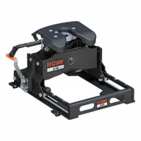 This CURT fifth wheel hitch is a removable model with a 16,000 lb gross trailer weight capacity. It features an adjustable height range from 17-1/2 in to 21-1/2 in and a single hook jaw locking mechanism. Constructed from carbon steel with a powder-coated finish, it is designed for coupling to fifth-wheel kingpins on heavy trailers