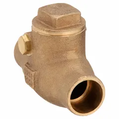 This bronze inline swing check valve features a swing disc that automatically closes to prevent backflow when flow reverses. With sweat x sweat connections and a 3/4 in pipe size, it is suited for use in plumbing and heating systems where unidirectional flow control is required.